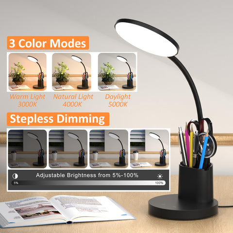 Vicsoon desk lamp with phone holder keeps calls and notes within reach.