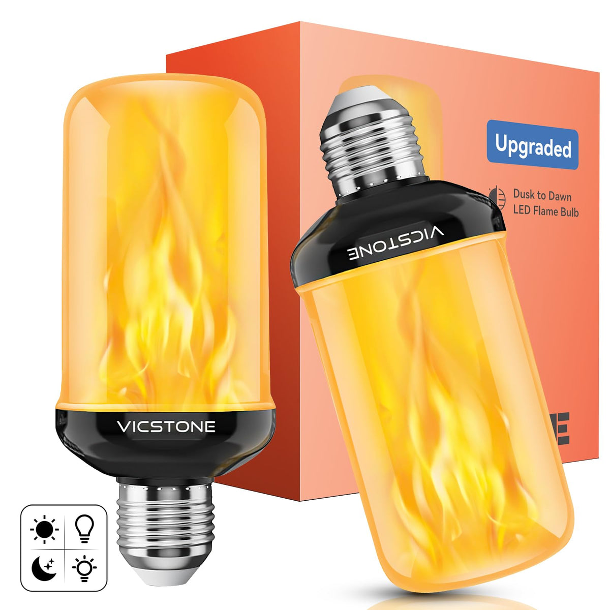 Vicstone Dusk-to-Dawn flame bulb in lantern, delivering warm ambient glow