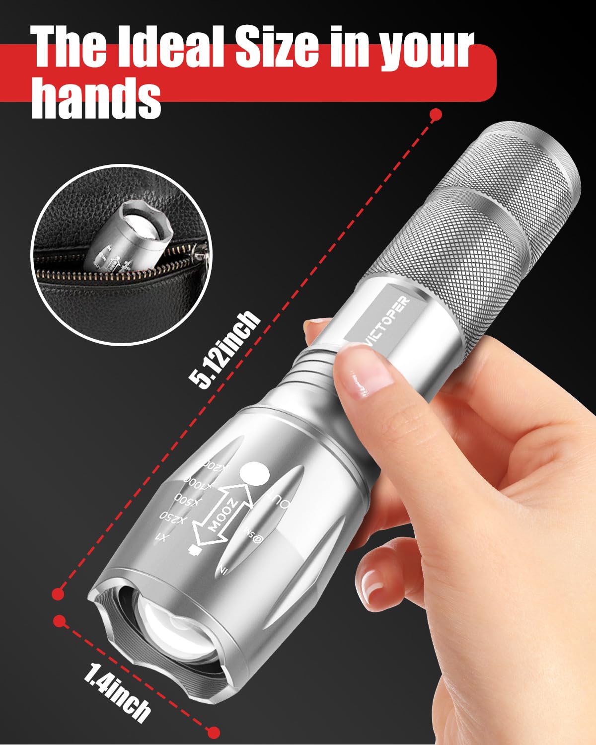 Victoper LED flashlight 2-pack grip texture for stable hold