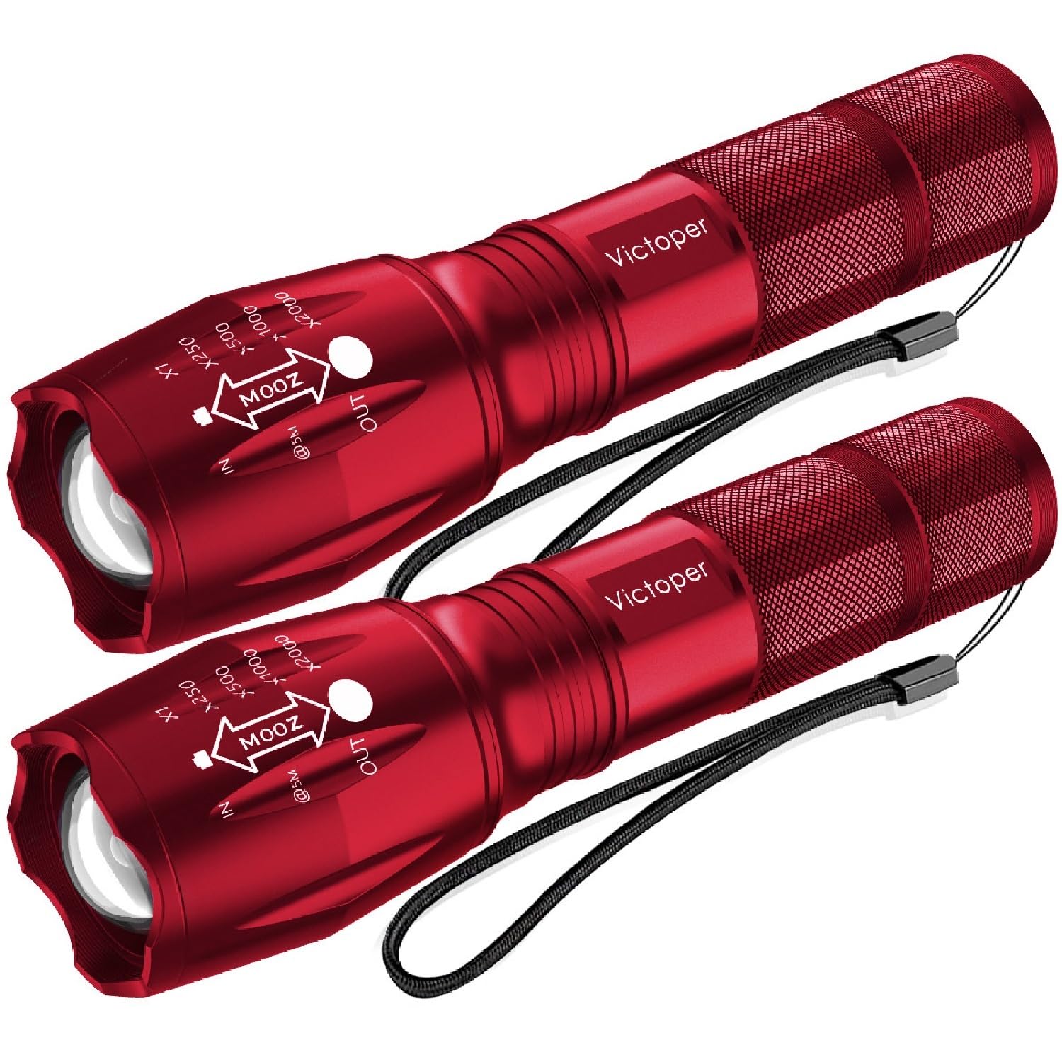Victoper LED flashlight 2-pack red, ideal for outdoor adventures and emergencies.