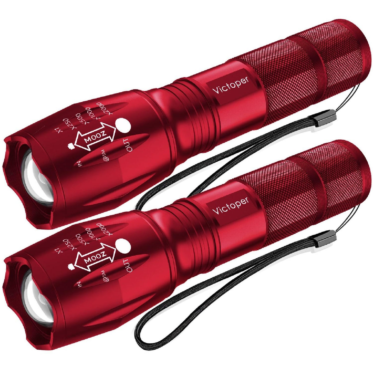 Victoper LED flashlight 2-pack red, ideal for outdoor adventures and emergencies.