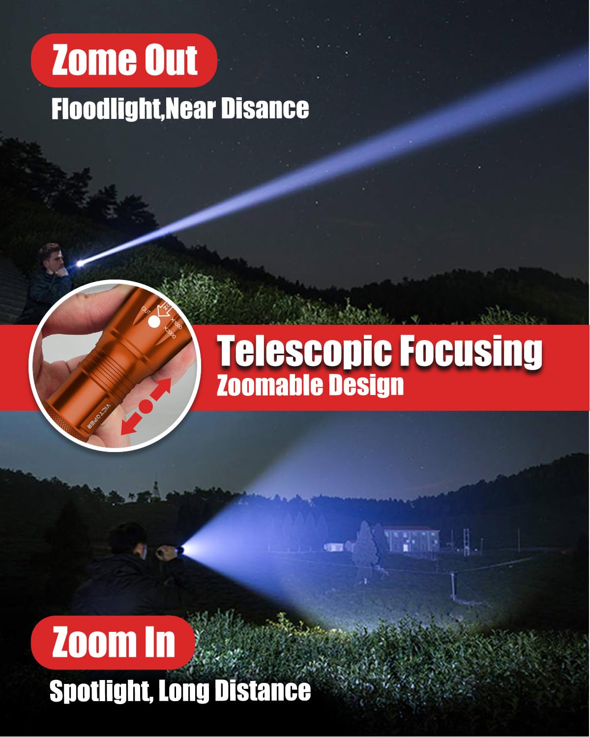 Victoper orange flashlight features aircraft-grade shell for rugged outdoors.