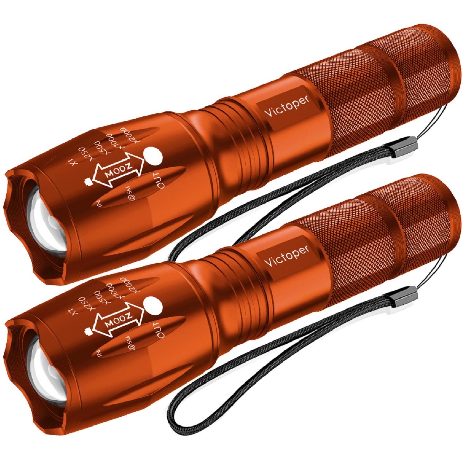 Victoper LED flashlight 2-pack orange with zoom beam for outdoor visibility.