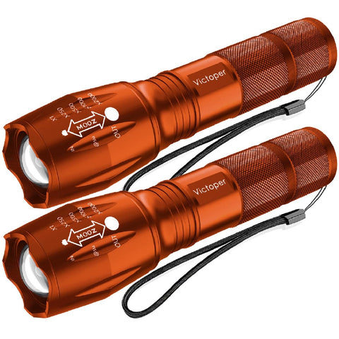 Victoper LED flashlight 2-pack orange with zoom beam for outdoor visibility.