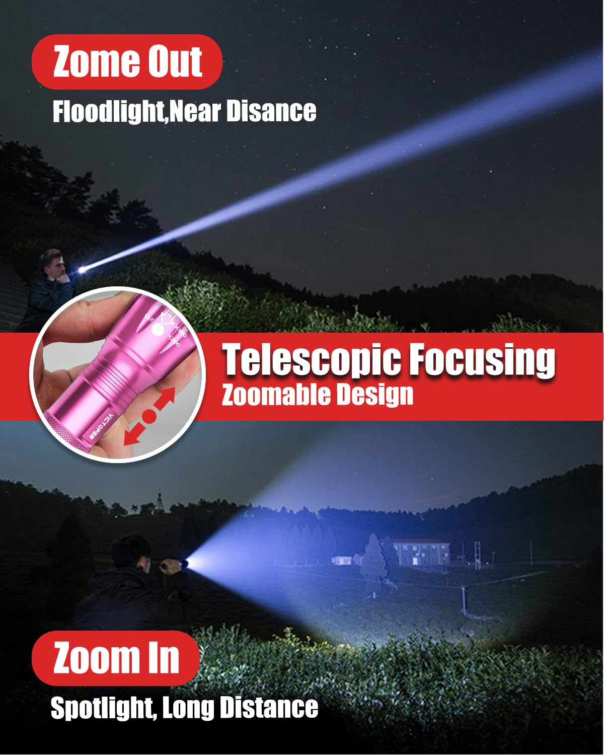 Victoper LED Flashlight 2 Pack pink with five modes for versatile outdoor use.