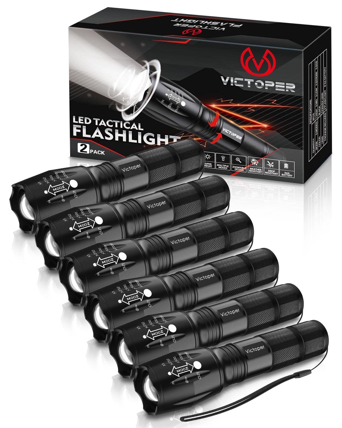 Victoper LED flashlight with zoom beam for precise spotlight during camping