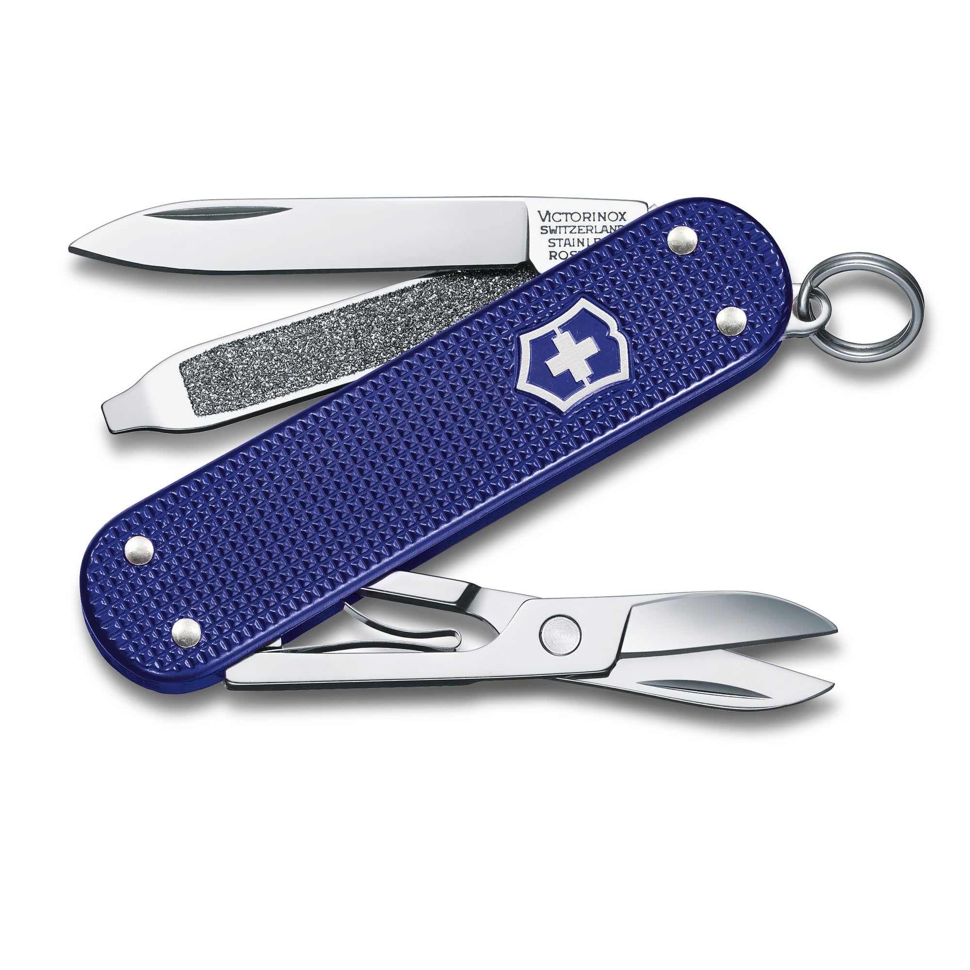 Victorinox Classic SD Alox Night Dive blue knife with scissors for quick daily tasks.