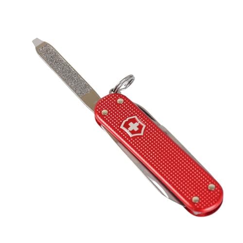Victorinox Classic SD brand logo on handle, iconic Swiss design.