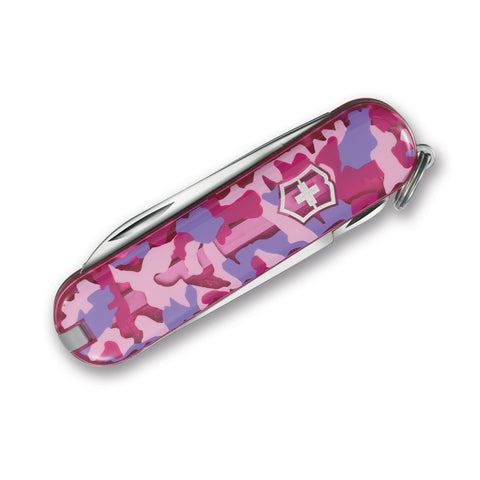 Victorinox Classic SD pink camouflage closed knife, showcasing compact pocket-ready design.