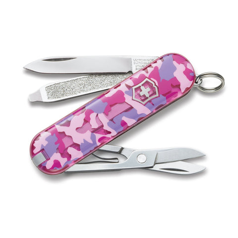 Victorinox Classic SD pink camouflage with open blade for everyday carry and tasks.