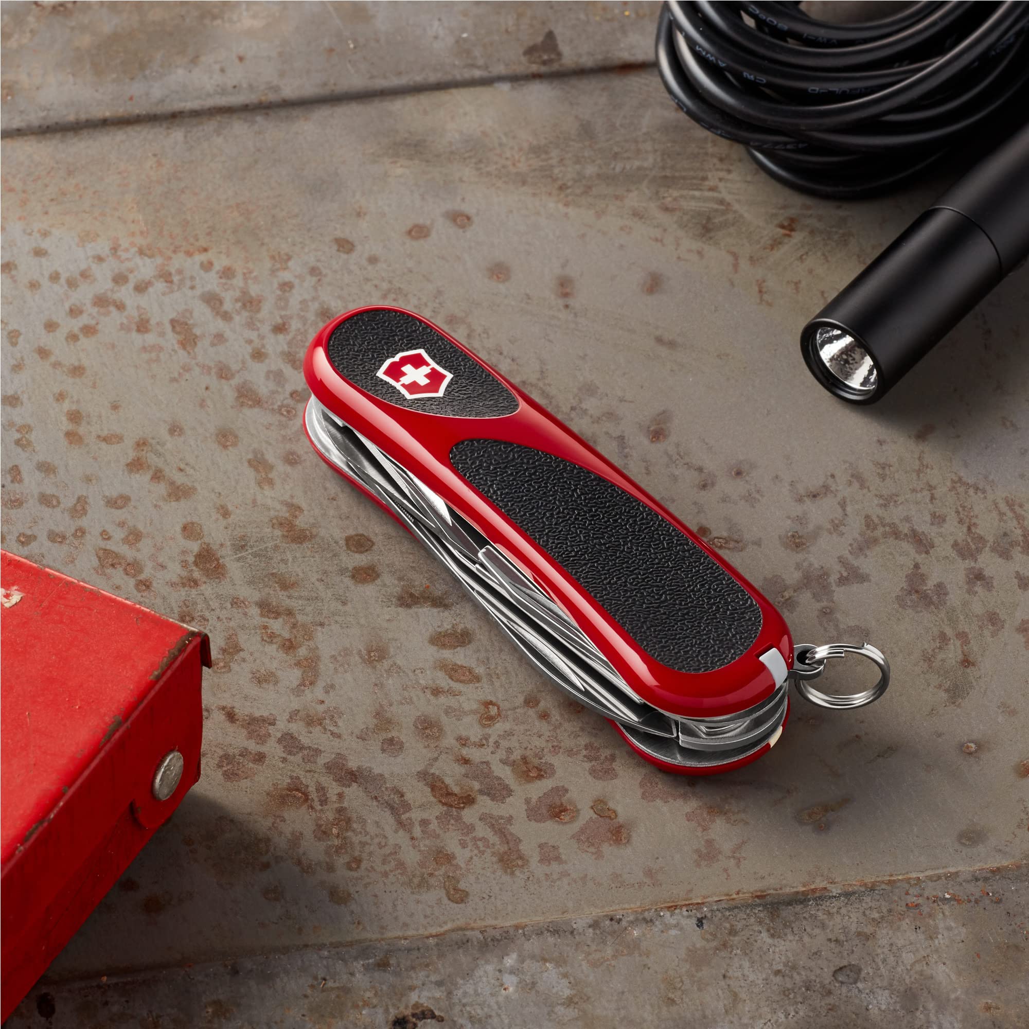 Victorinox Evolution 14 Grip can opener and corkscrew in action for prep.