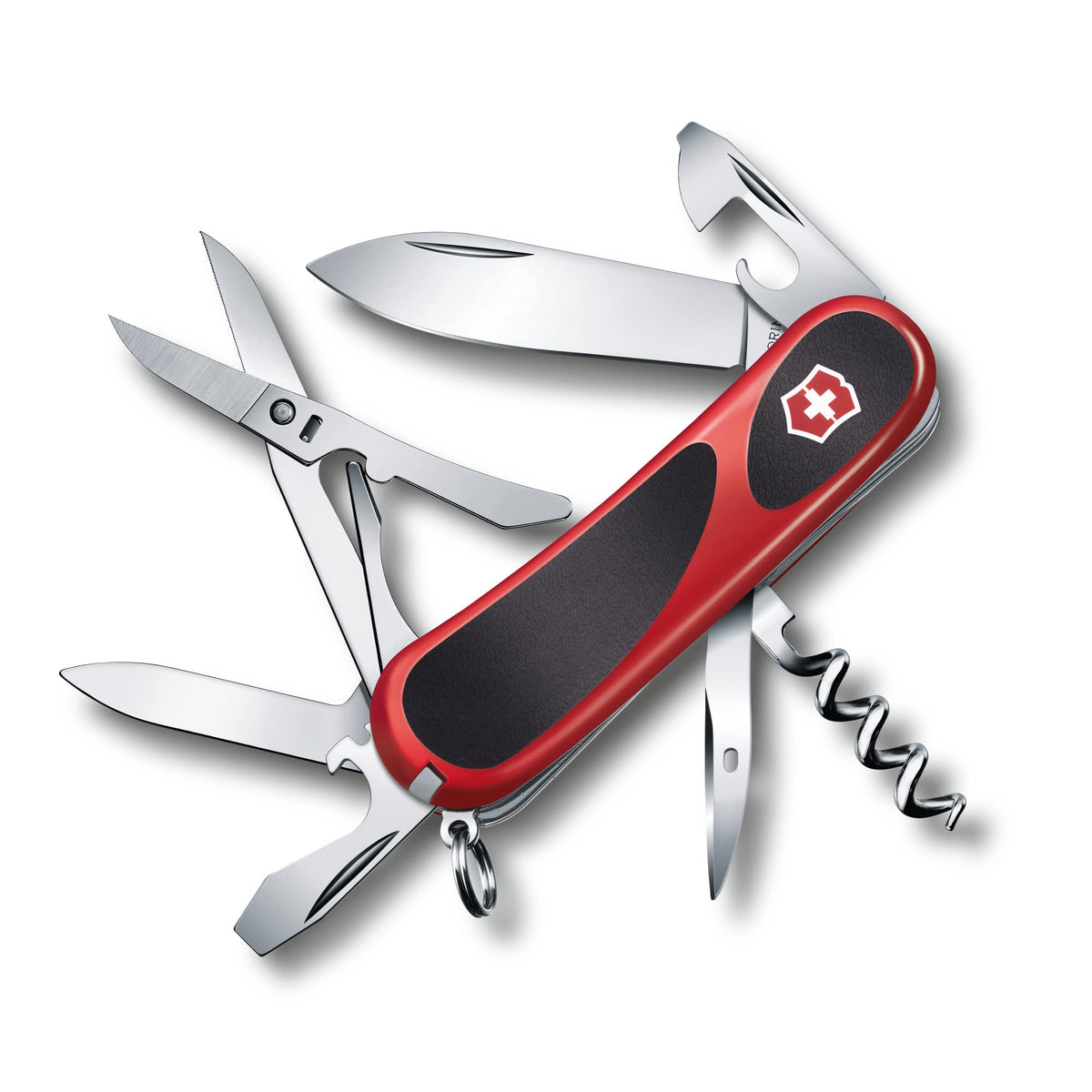 Victorinox Evolution 14 Grip knife with blade open, showing 14 tools for quick fixes.