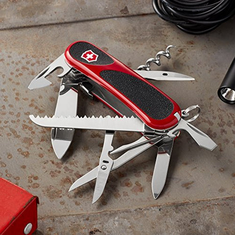 Victorinox Evolution S17 grip knife corkscrew emphasizes versatile camping utility.