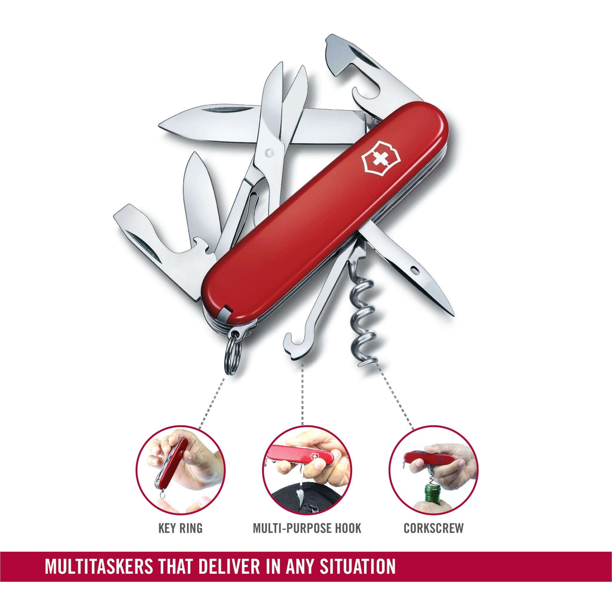 Victorinox Swiss Army Climber multi-purpose hook and tweezers for quick fixes.