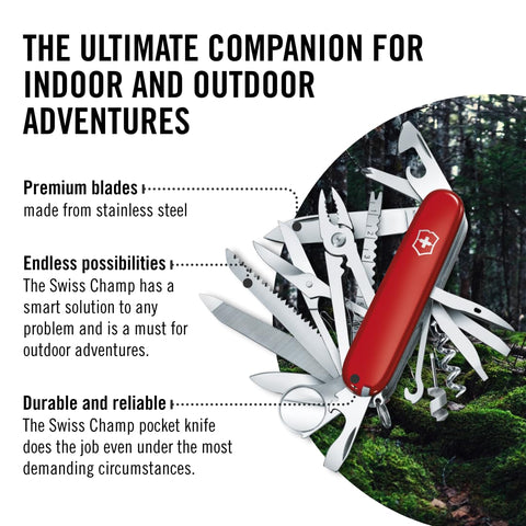 Victorinox Swiss Champ nail file and cleaner for on‑the‑go maintenance.
