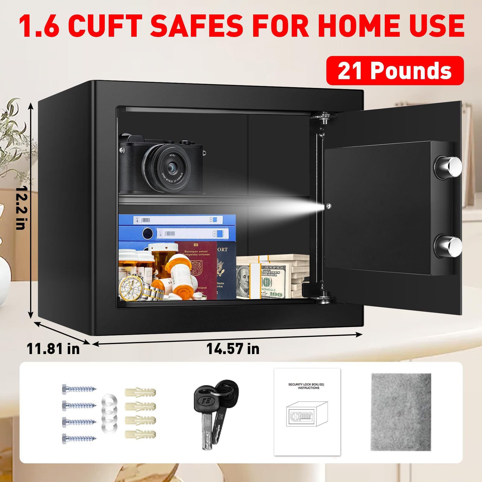 Interior sensor light illuminates contents inside the VIDXCVIT safe.