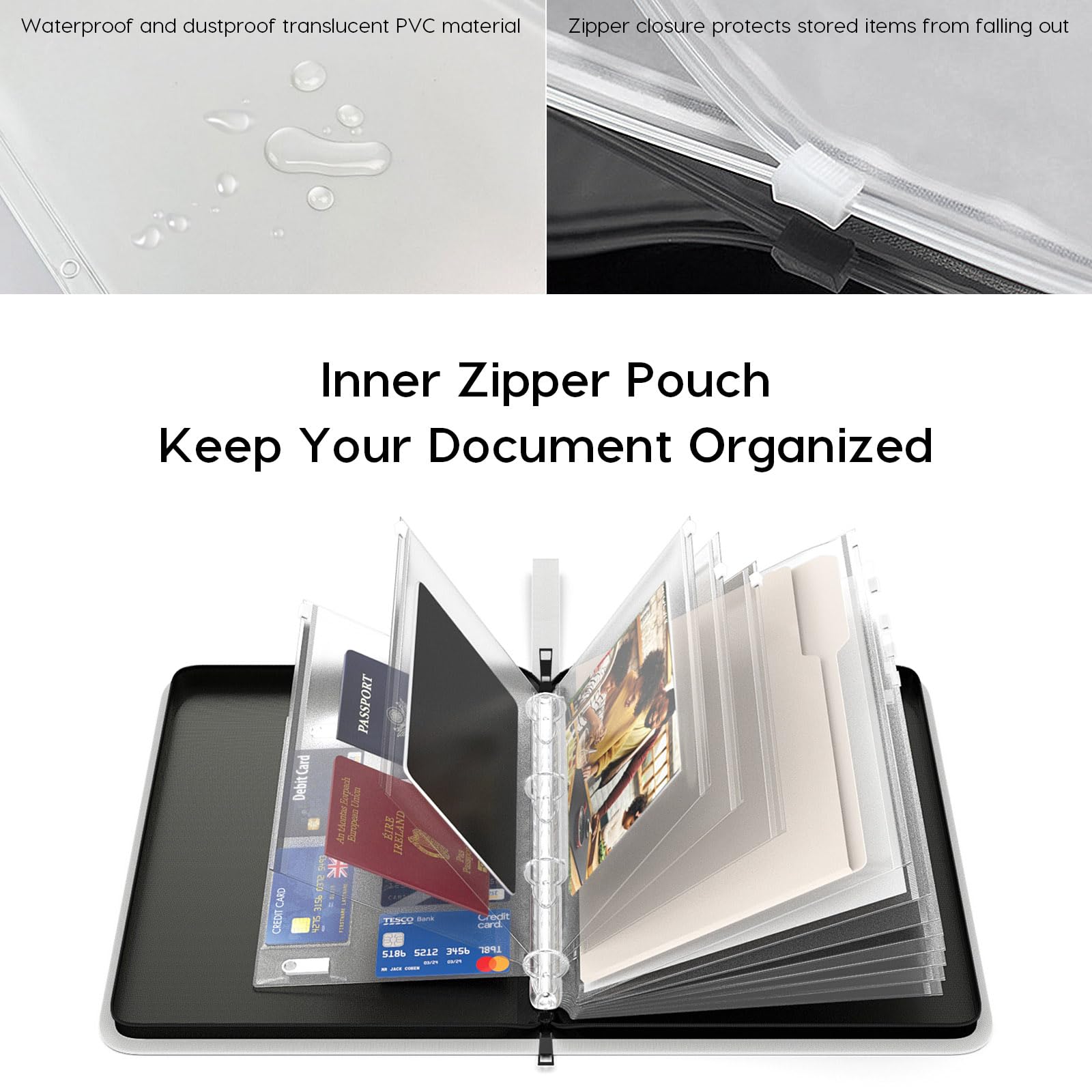 Viesembo waterproof zipper binder demonstrates moisture protection.