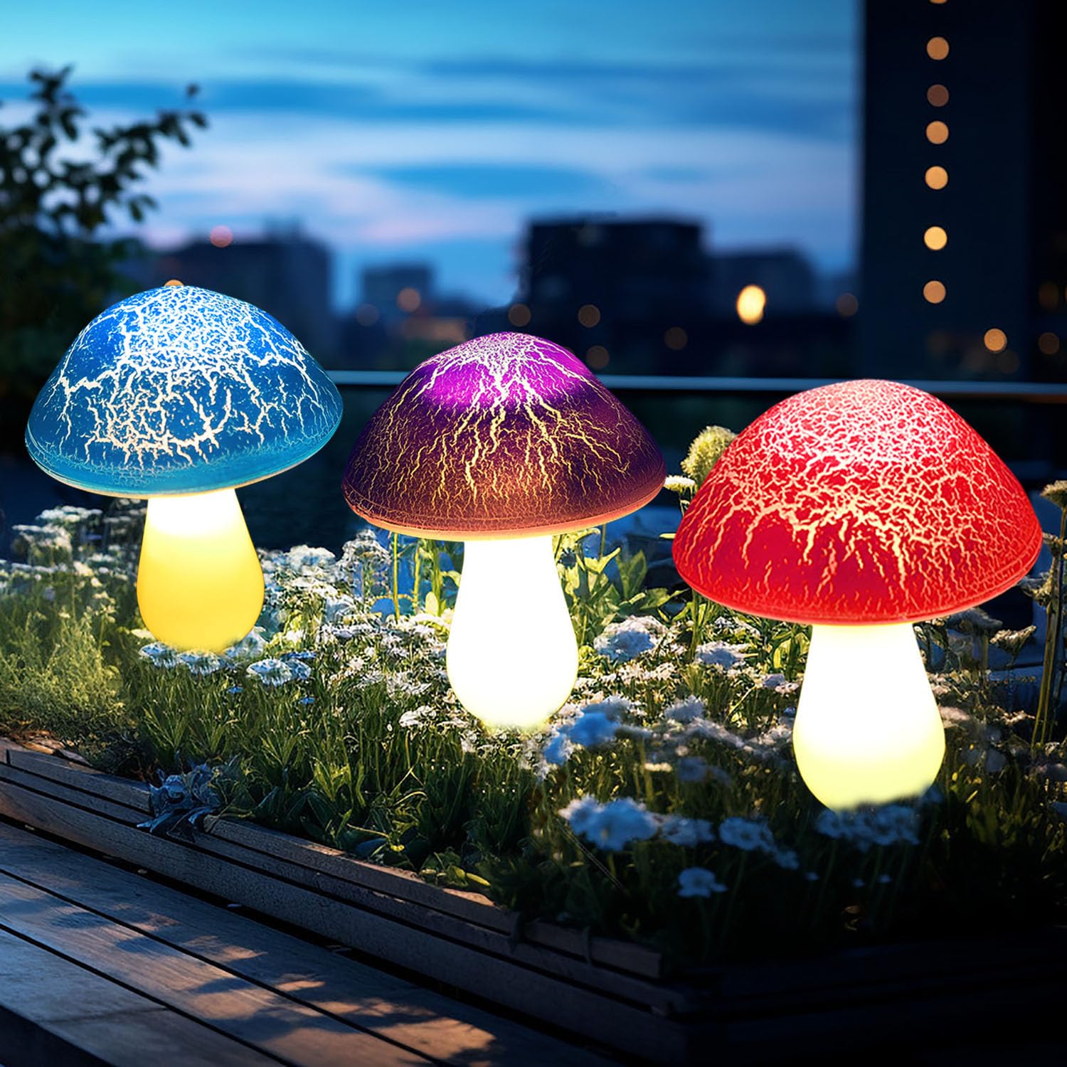 Viewpick crack mushroom blue lights add whimsical yard charm.