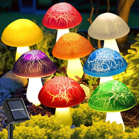 Viewpick crack mushroom red lights create warm ambiance for outdoor evenings.