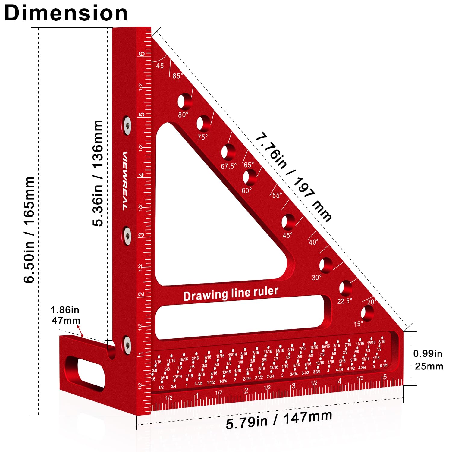 ViewReal protractor ruler showing angles from 15 to 90 degrees for accurate marking.