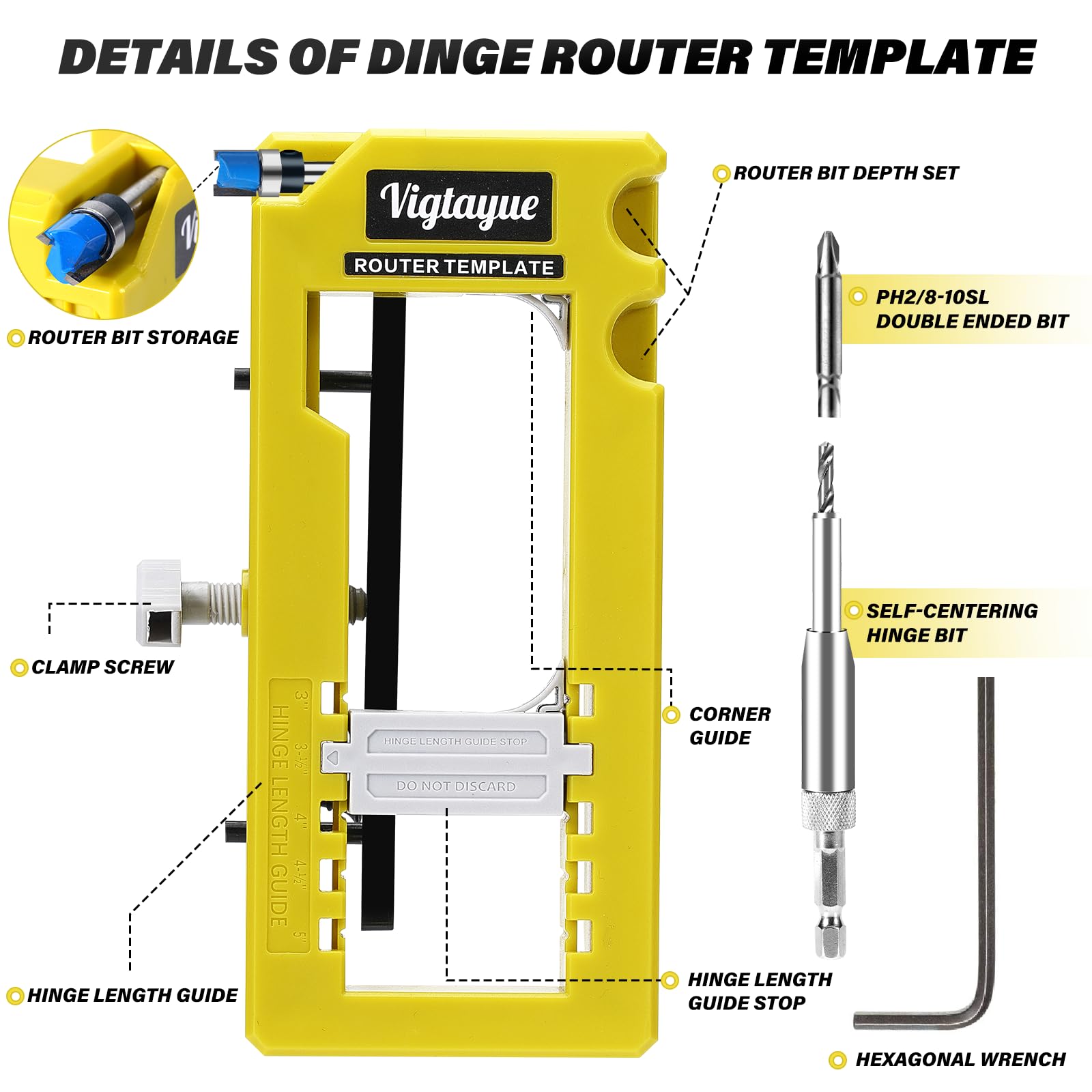 Vigtayue router template shows adjustable hinge length and depth for easier installs.