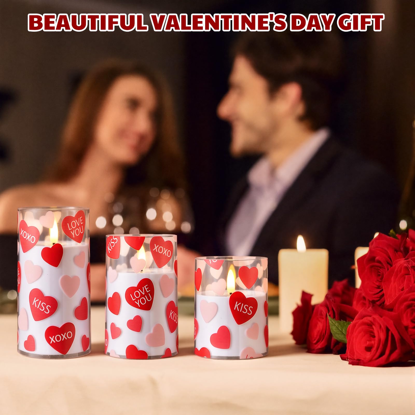 VIHOSE flameless heart candles set enhances Valentine decor without flame risk.