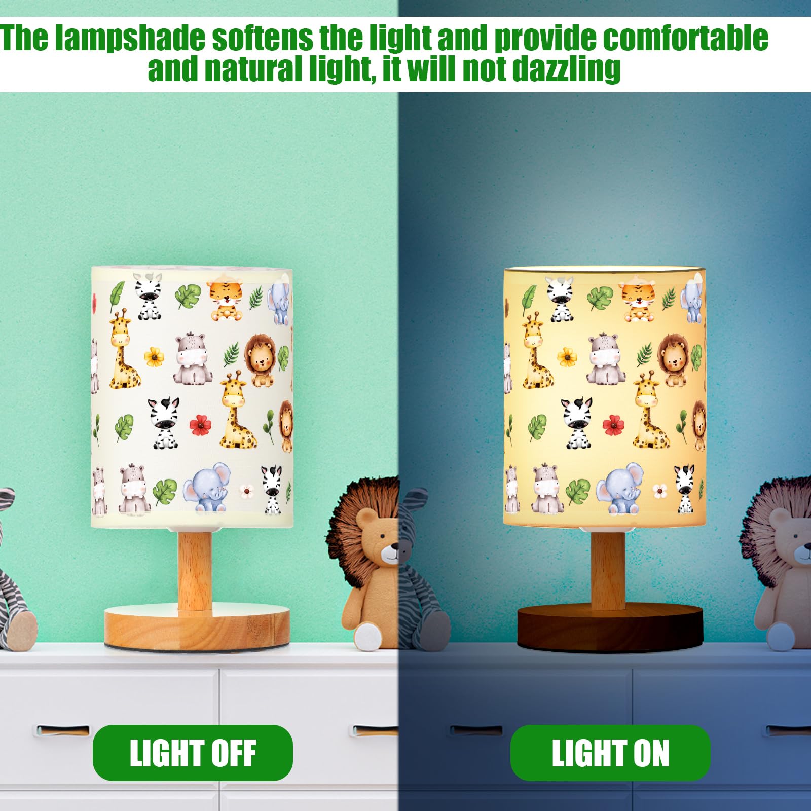 VIHOSE Safari Animal kids lamp with wooden nightstand pairing suits cozy bedrooms.