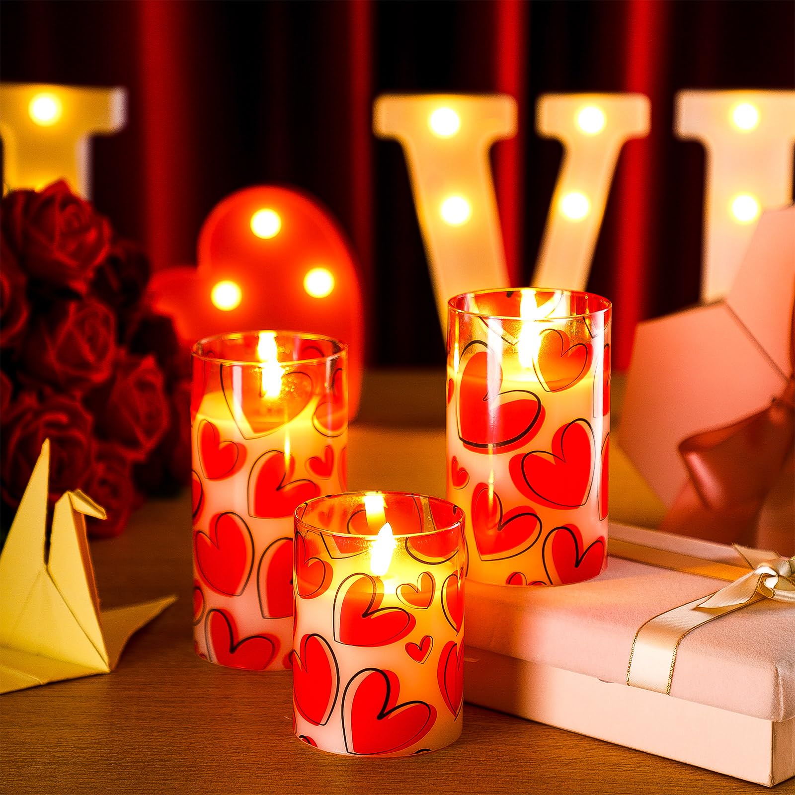 VIHOSE flameless heart candle in glass with soft flicker on table