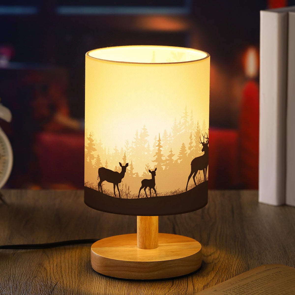 VIHOSE woodland deer bedside lamp with wood base lighting a cozy room