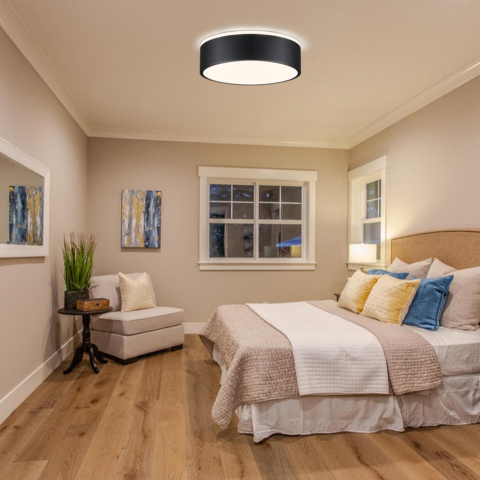 Vikaey black LED ceiling light installed in a bedroom creates calm ambiance.