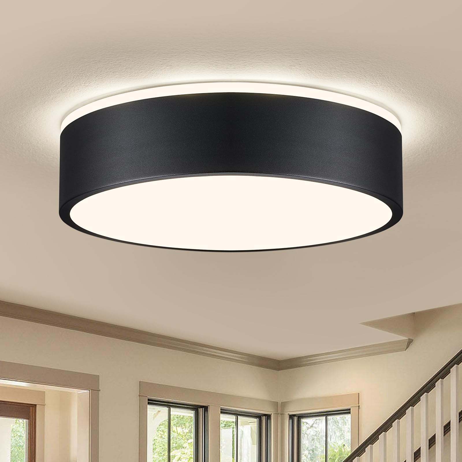 Vikaey black LED ceiling light front view shows a minimalist round metal design ideal for hallways.
