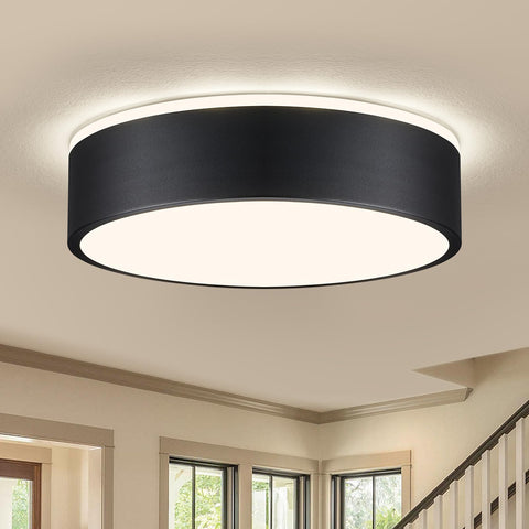 Vikaey black LED ceiling light front view shows a minimalist round metal design ideal for hallways.