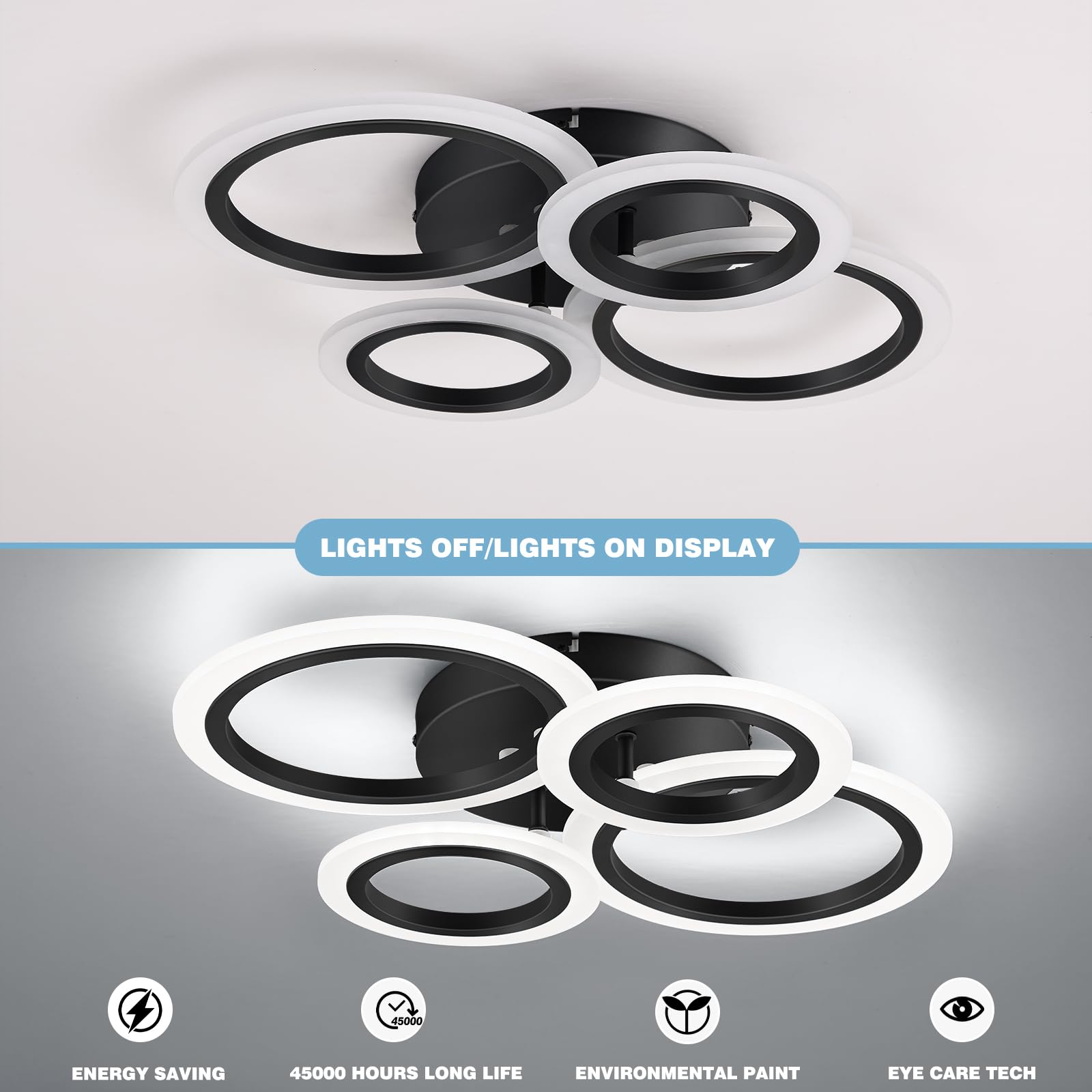 Vikaey 4-rings ceiling light emits neutral 4000K ambiance.