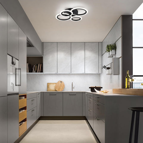 Vikaey four-rings ceiling light enhances kitchen and dining areas.