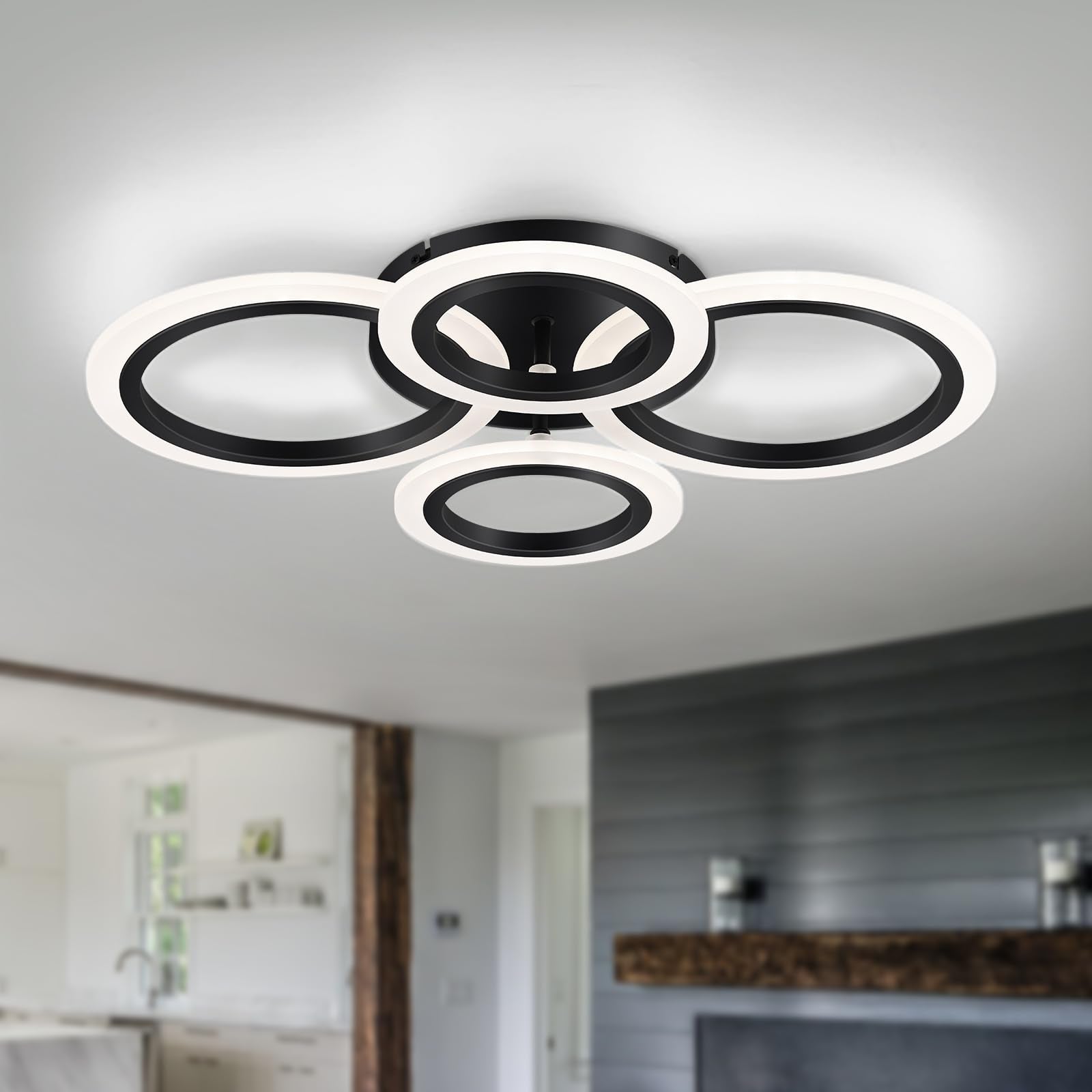 Vikaey modern LED flush mount with four rings, space-saving elegance.