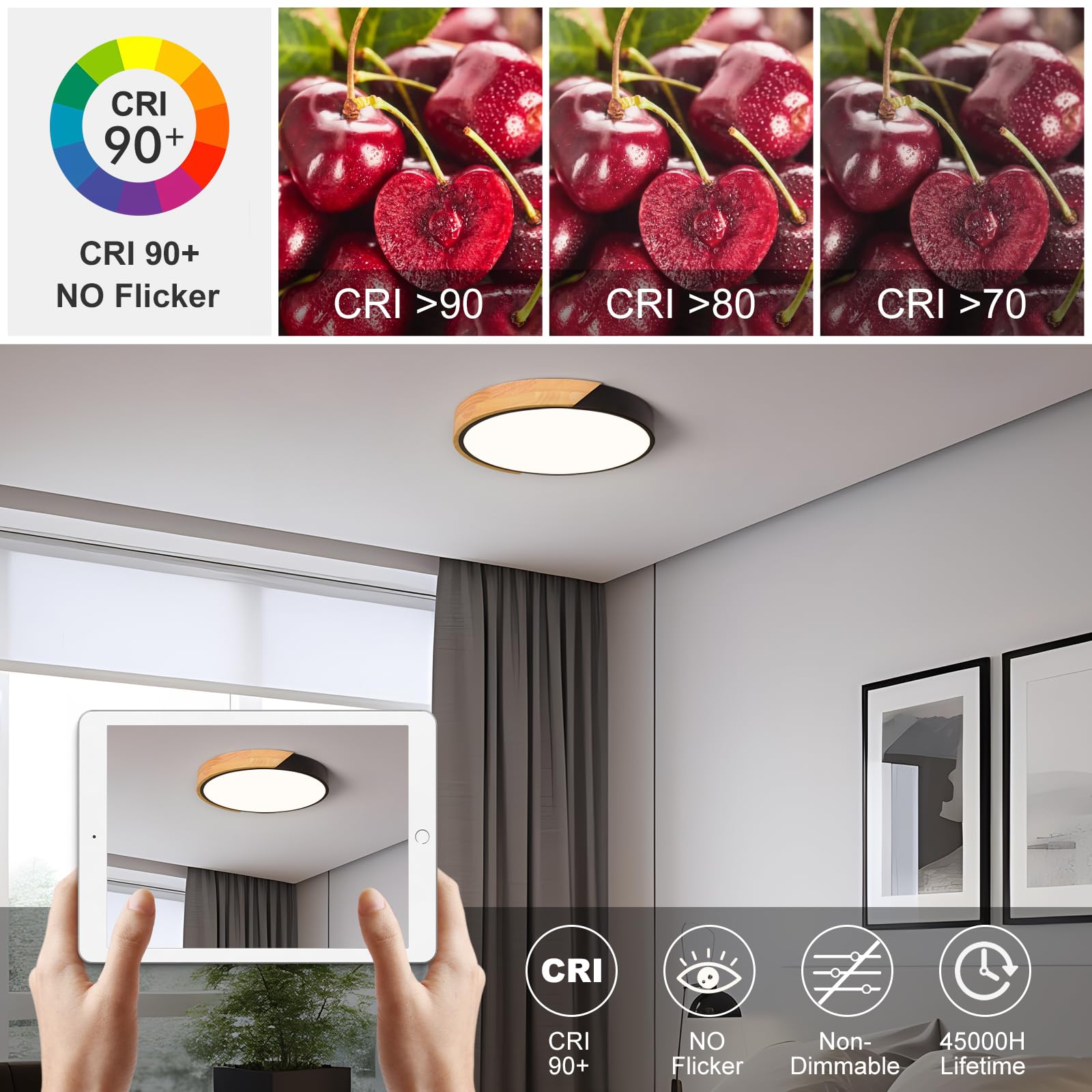 Vikaey wood flush-mount circle lamp adds warmth to bedrooms and hallways.
