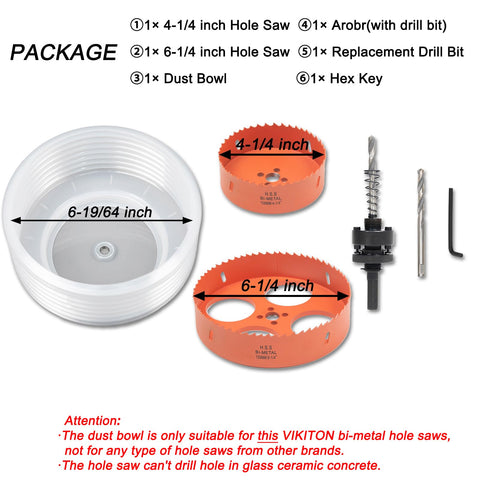 VIKITON arbor and hole saw assembly shown for quick setup.