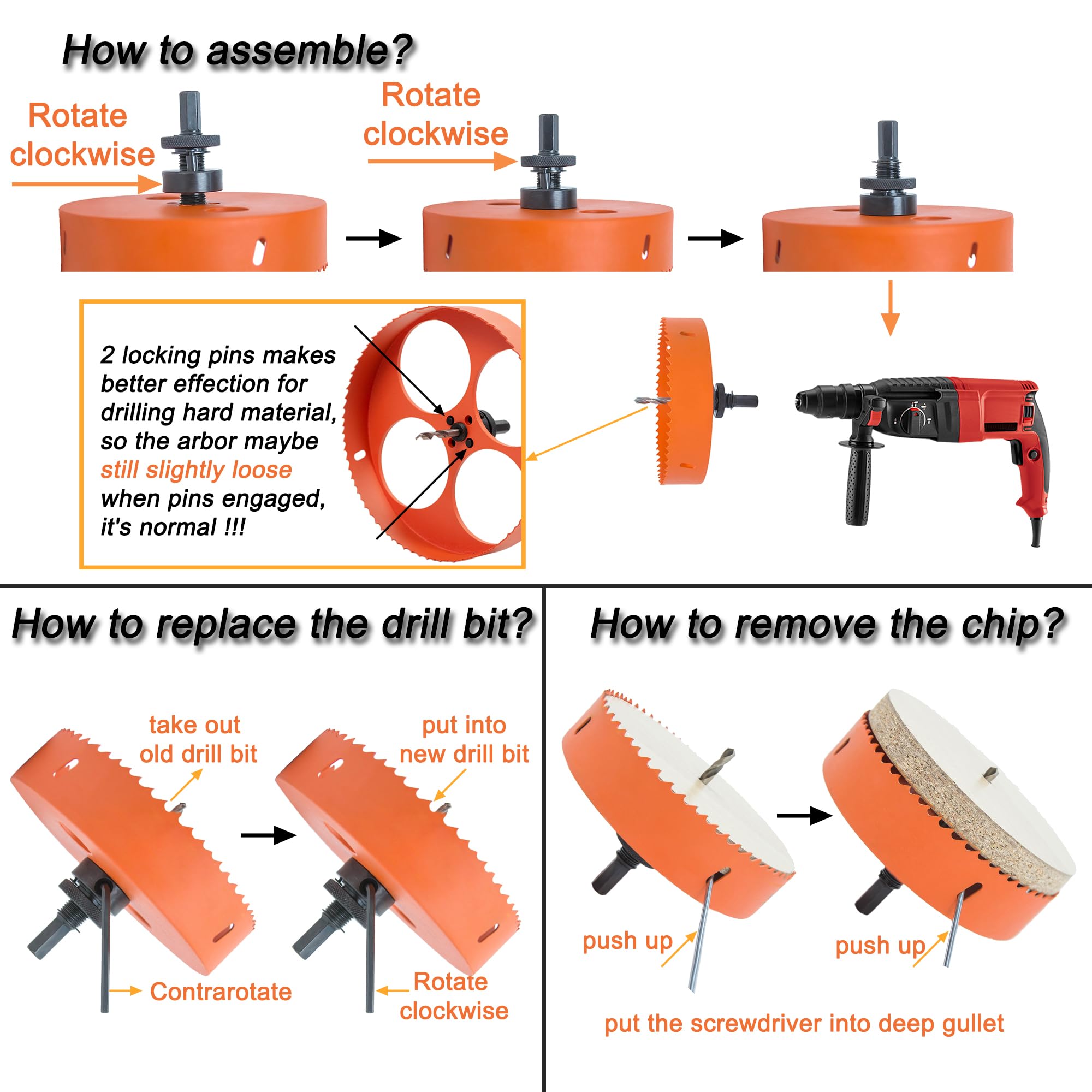Packaging of VIKITON hole saw includes arbor, drill bits, and hex key.