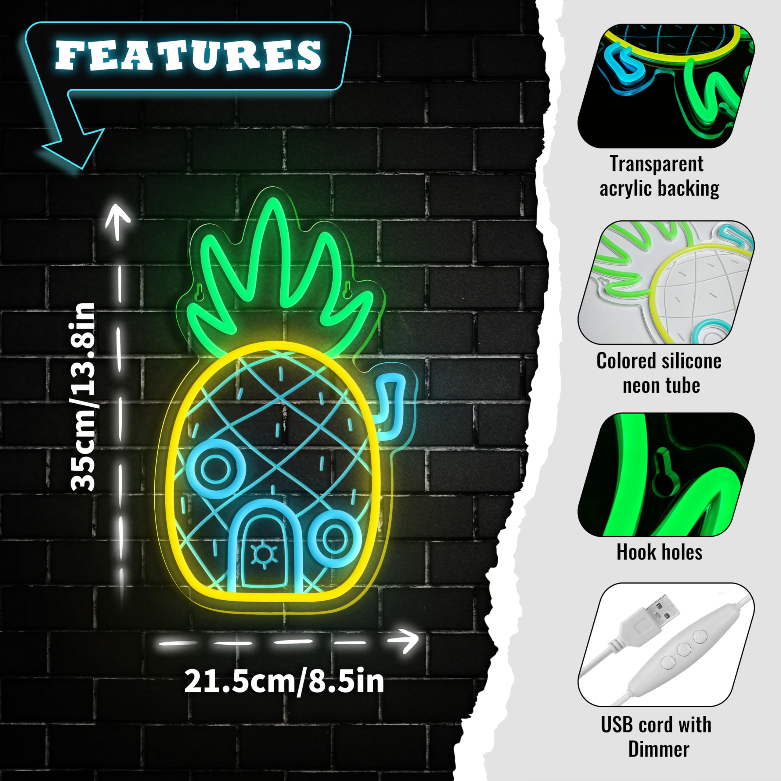 VIKLIU Pineapple House neon sign ready to hang with USB cable.