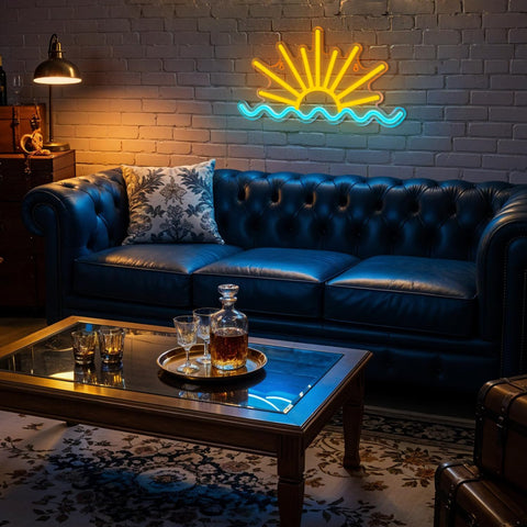 VIKLIU Sunset Neon Sign enhances living room and beach-bar decor.