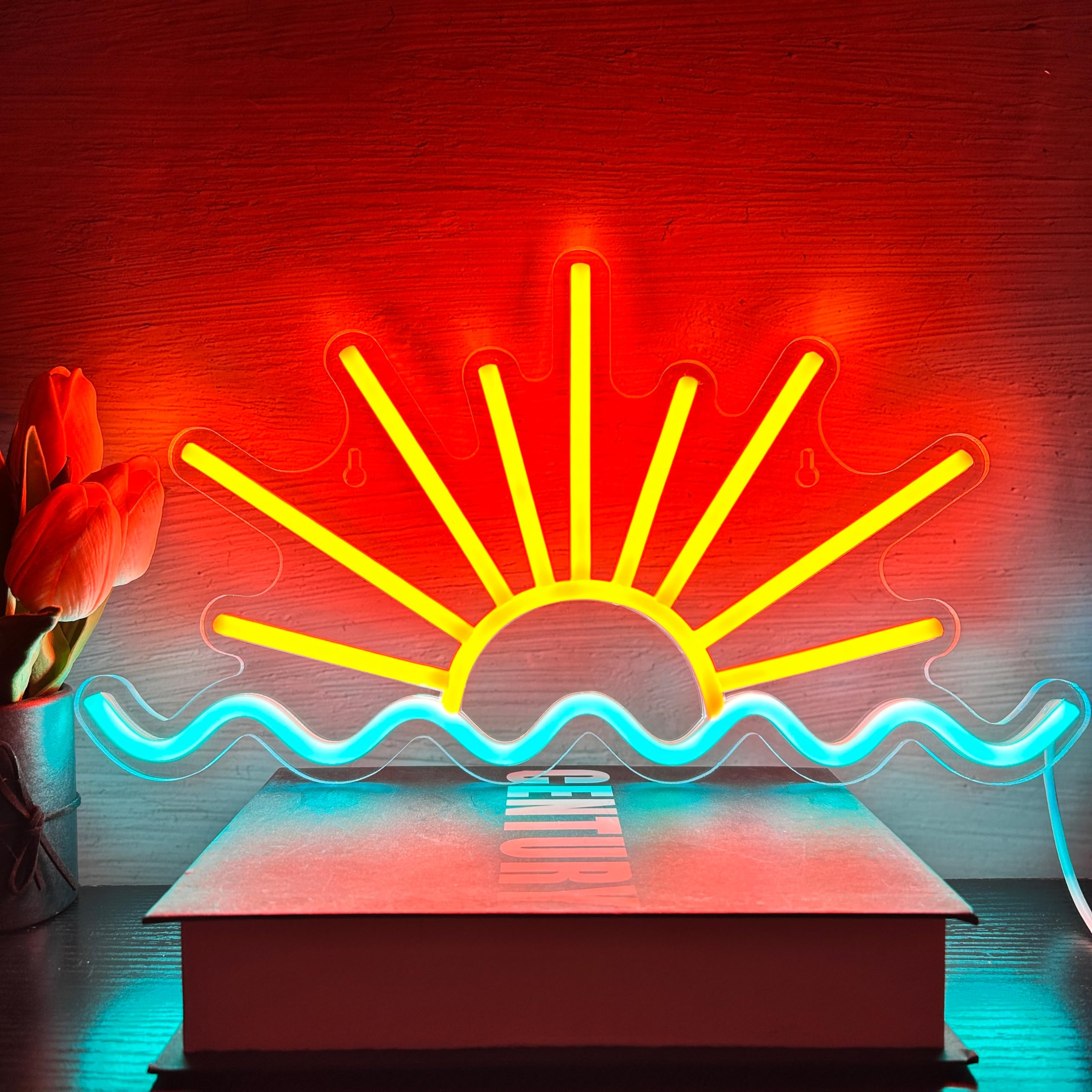 VIKLIU Sunset Neon Sign mounted on wall adds warm coastal ambiance.