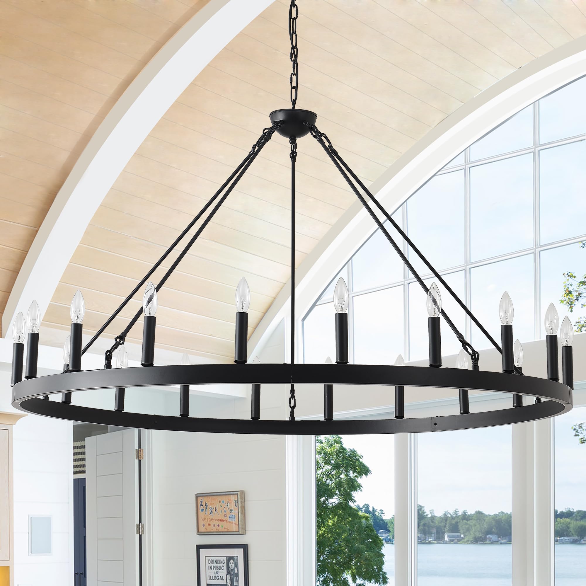 Viksroeo wagon wheel chandelier front view with 20 candle-style bulbs for bright coverage
