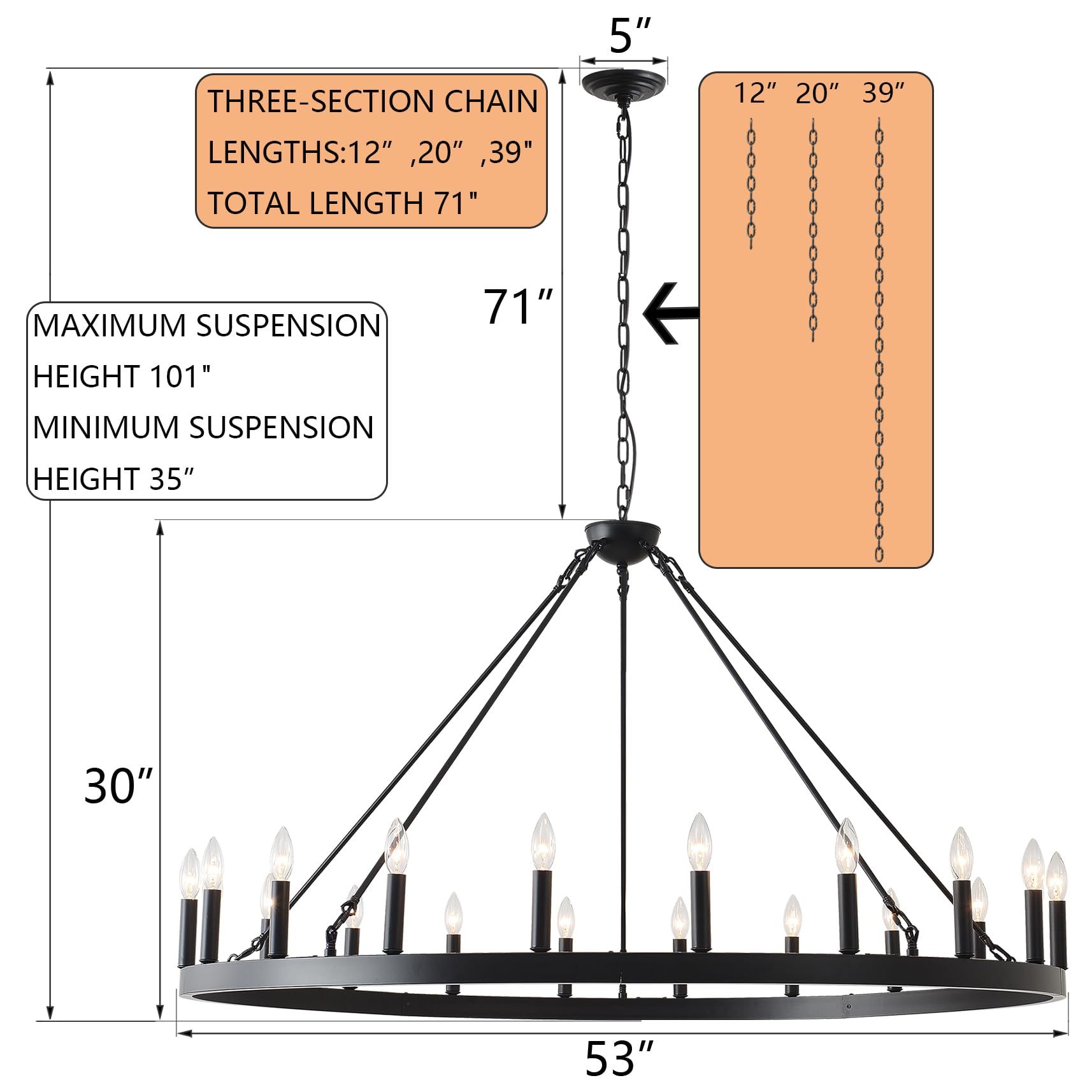 Viksroeo wagon wheel chandelier adjustable chain to customize height for high ceilings