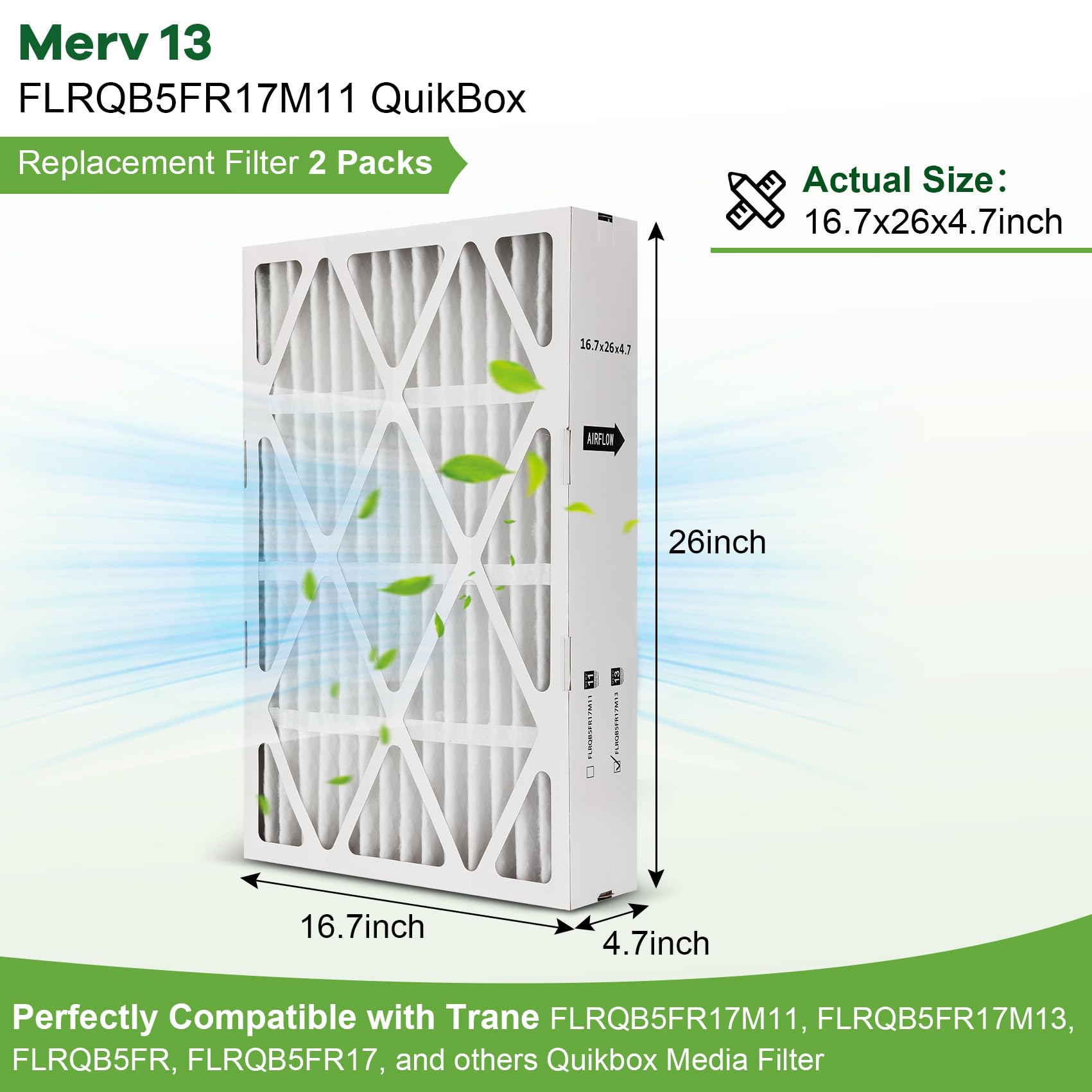 Vikua FLRQB5FR17M11 MERV 13 filter side view showing compatibility