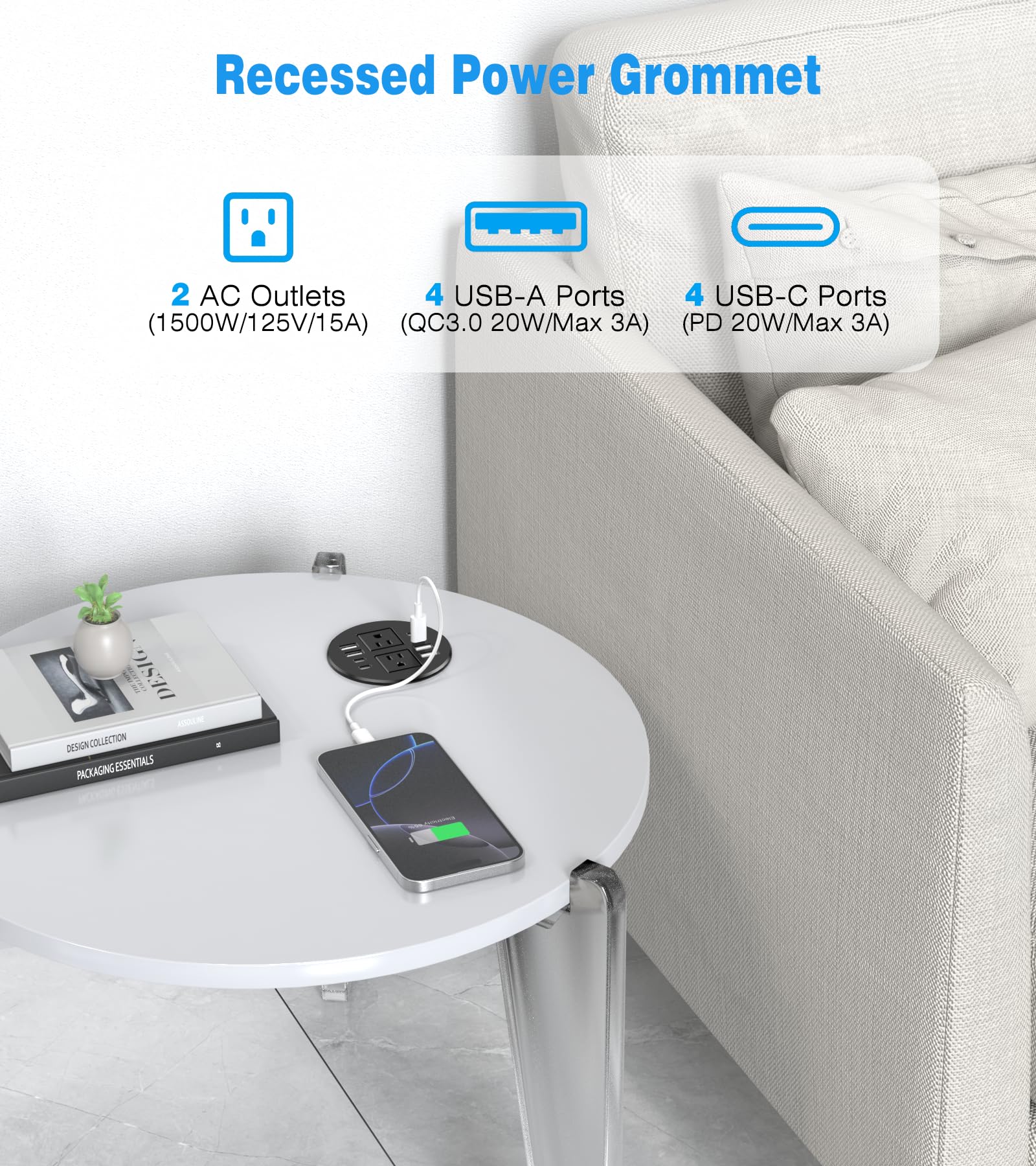 Vilong 8-port USB grommet on a conference desk powers multiple devices