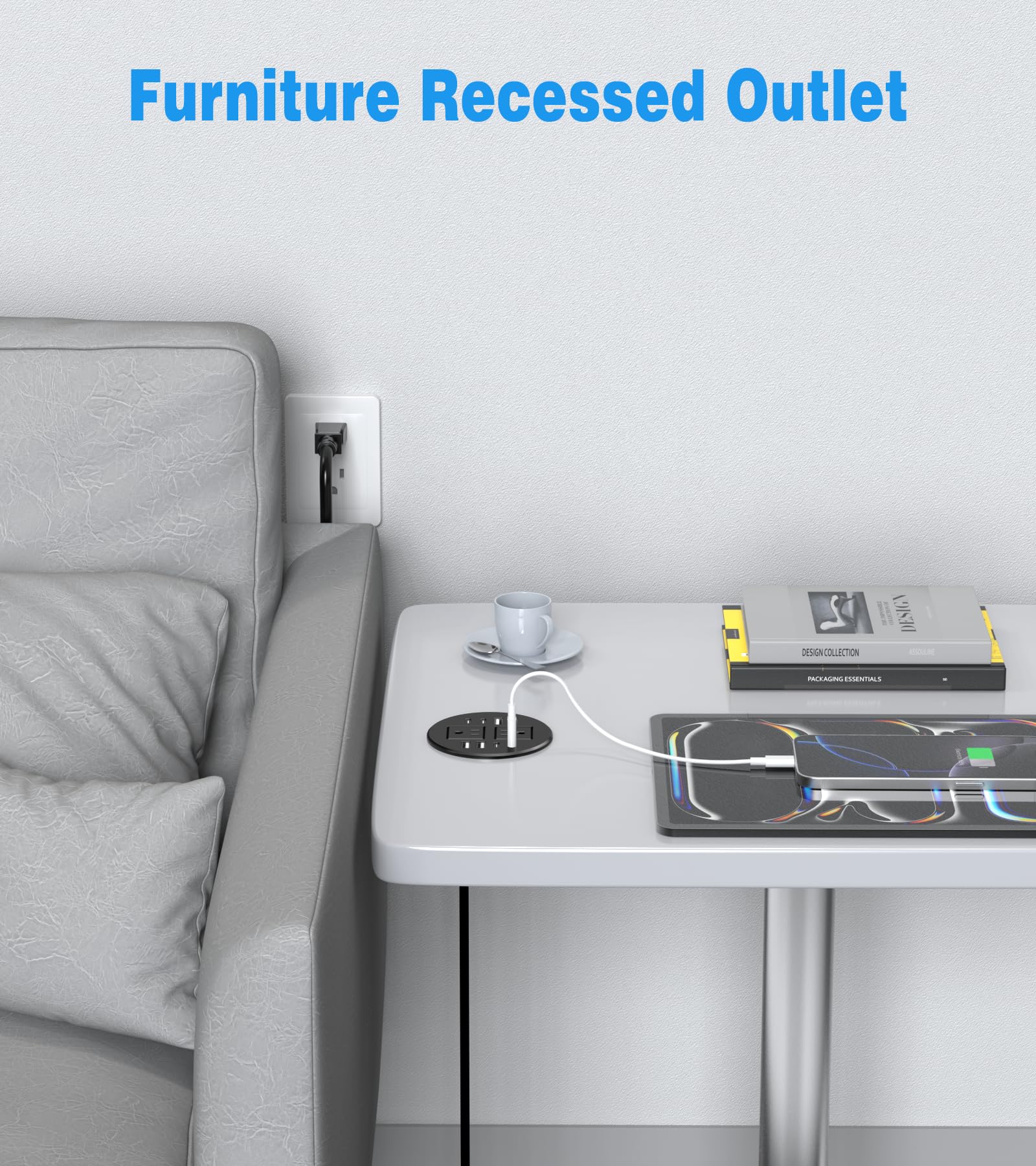 Vilong cable management scene shows clutter-free workspace with accessible power