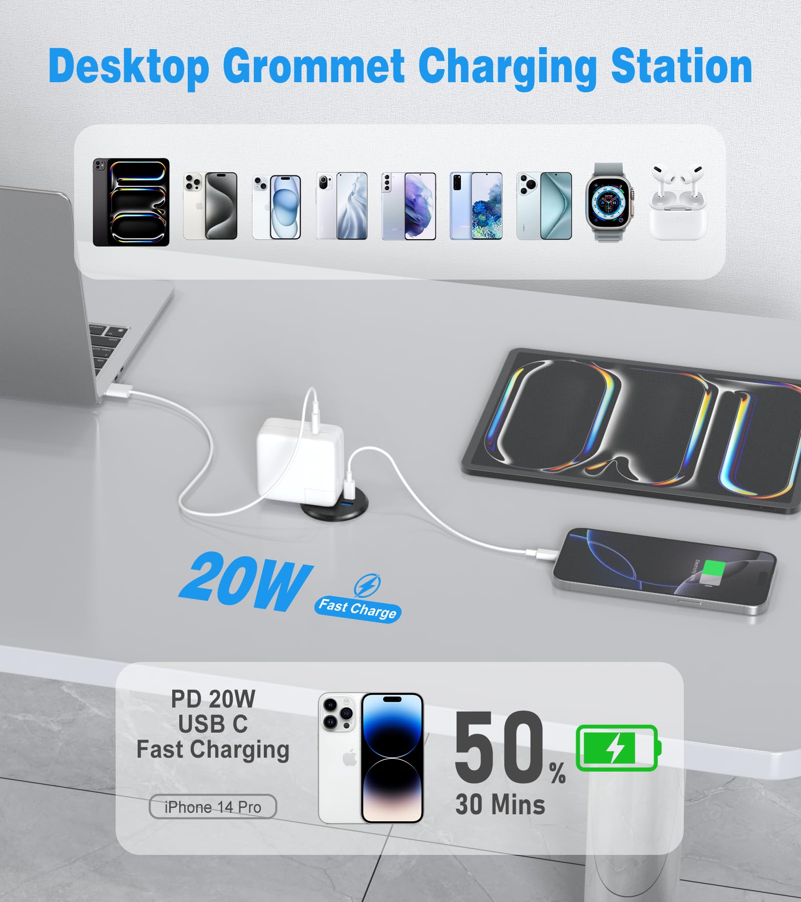 Vilong desk grommet outlet side profile showing USB-A ports