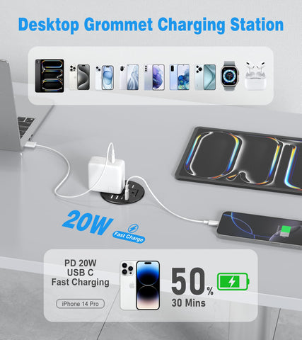 Vilong flush-mount round outlet highlights a neat, low-profile desk integration