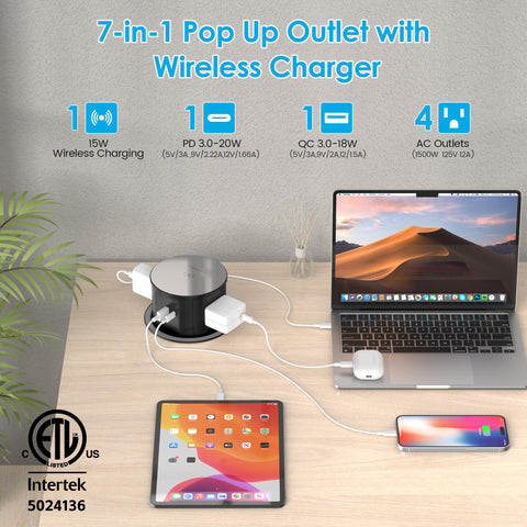 Vilong Pop Up Outlet side view with four AC outlets for multi-device power access.