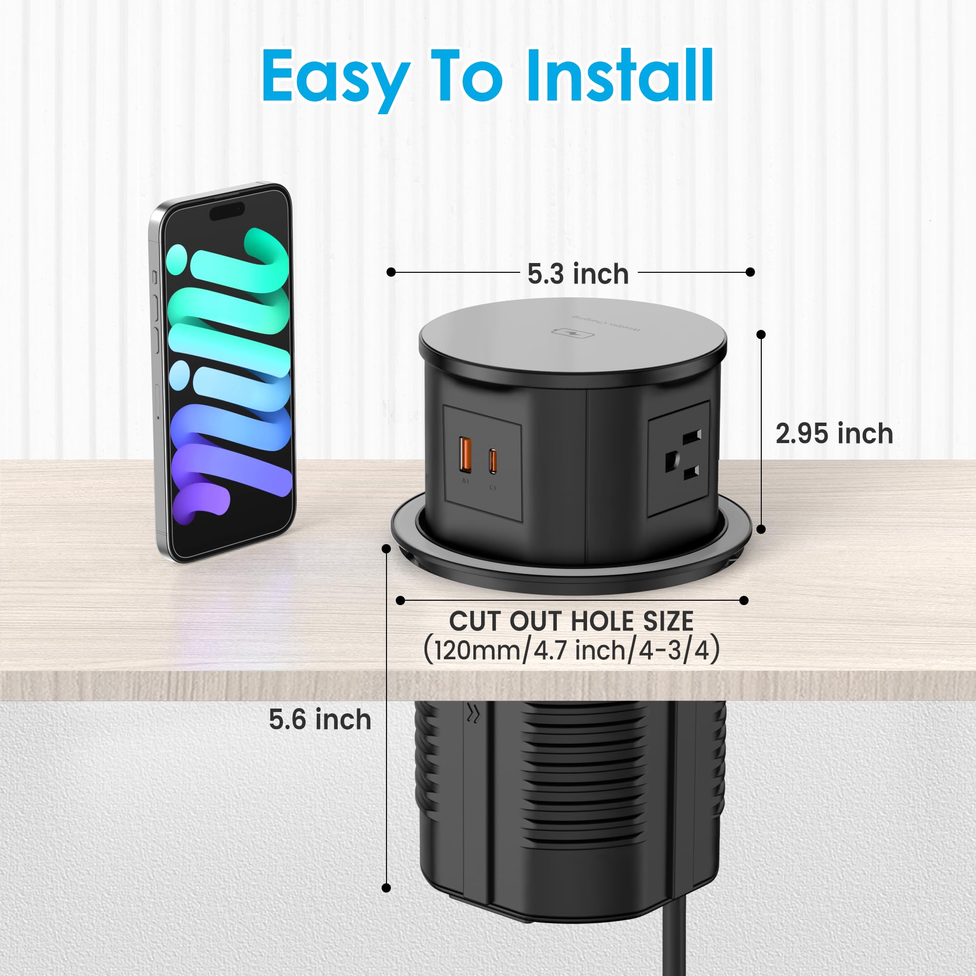 Vilong Pop Up Outlet mounted on a kitchen counter keeps devices powered nearby.